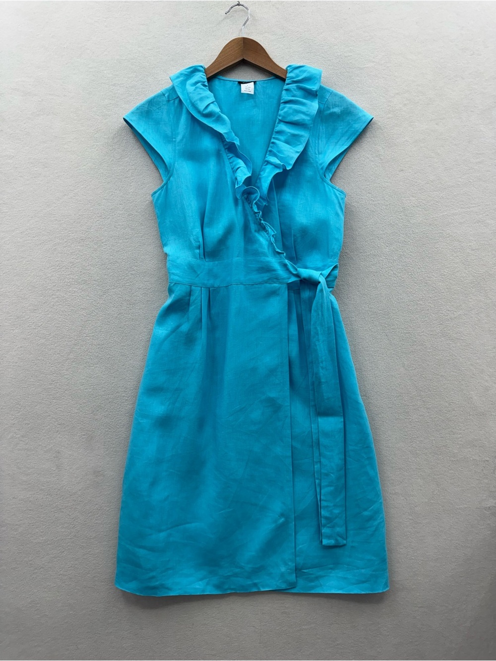 J. Crew Women’s 6 Aqua Blue 100% Linen Wrap Ruffle Dress